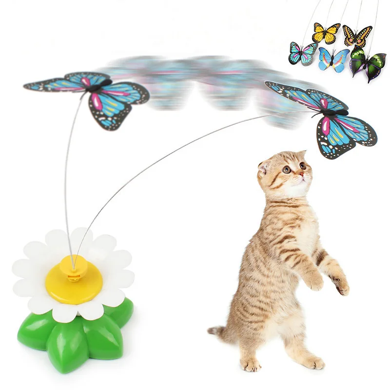 Electric Rotating Colorful Butterfly Funny Plastic Pet Cat Toy Plastic Flying Bird Cat Toy