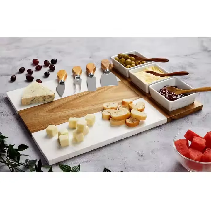 Elegant Large Marble Acacia Wood Cheese Board Serving Tray Sets with Handles Ceramic Porcelain Condiment Stainless Steel Utensil