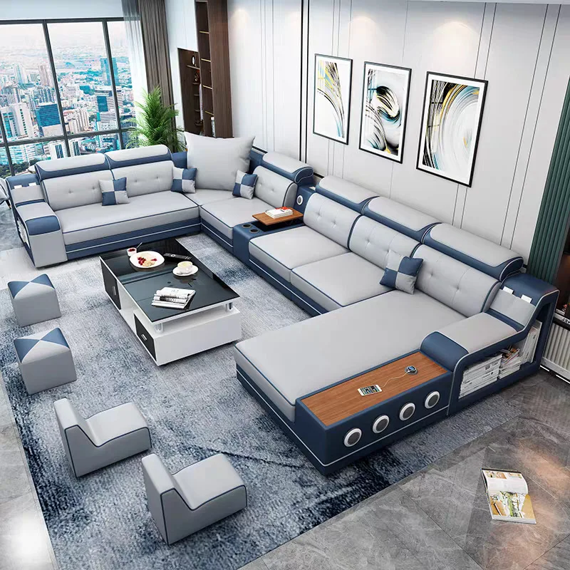 Living room sectional sofa furniture high quality PU leather modular 5 seat L shape modern sofa set with USB speaker recliner