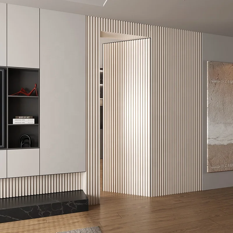 Solid wood fluted panel invisible door TV background wall one living room hidden door Flat open bedroom door