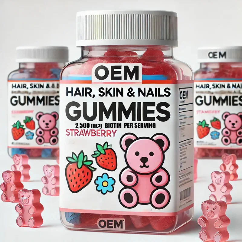 OEM ODM Only Accept Customization Strawberry Gummies With Vitamin Biotin Hair Nail Skin Growth Vitamins C and E Gummies