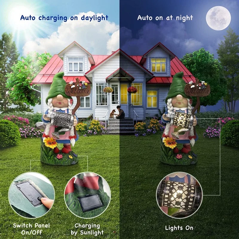 Resin Crafts Garden Sculptures & Statues Solar Female Gnomes Garden Decorations 13 inch Gnomes Garden Gnomes Lady