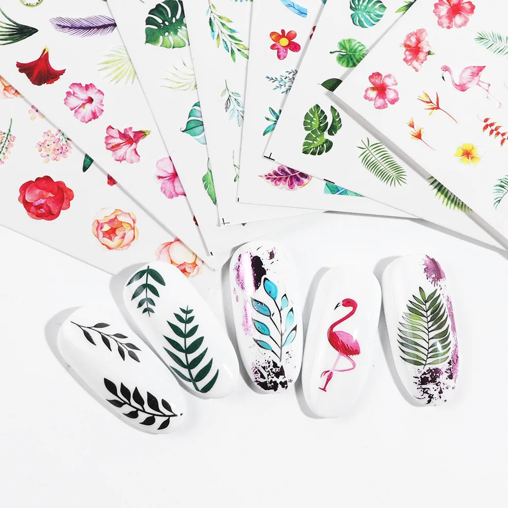 Free Shipping Assorted Patterns Water Transfer Blossom Flower Flamingo Hot Element Green Leaf Roses Flowers Nail Stickers