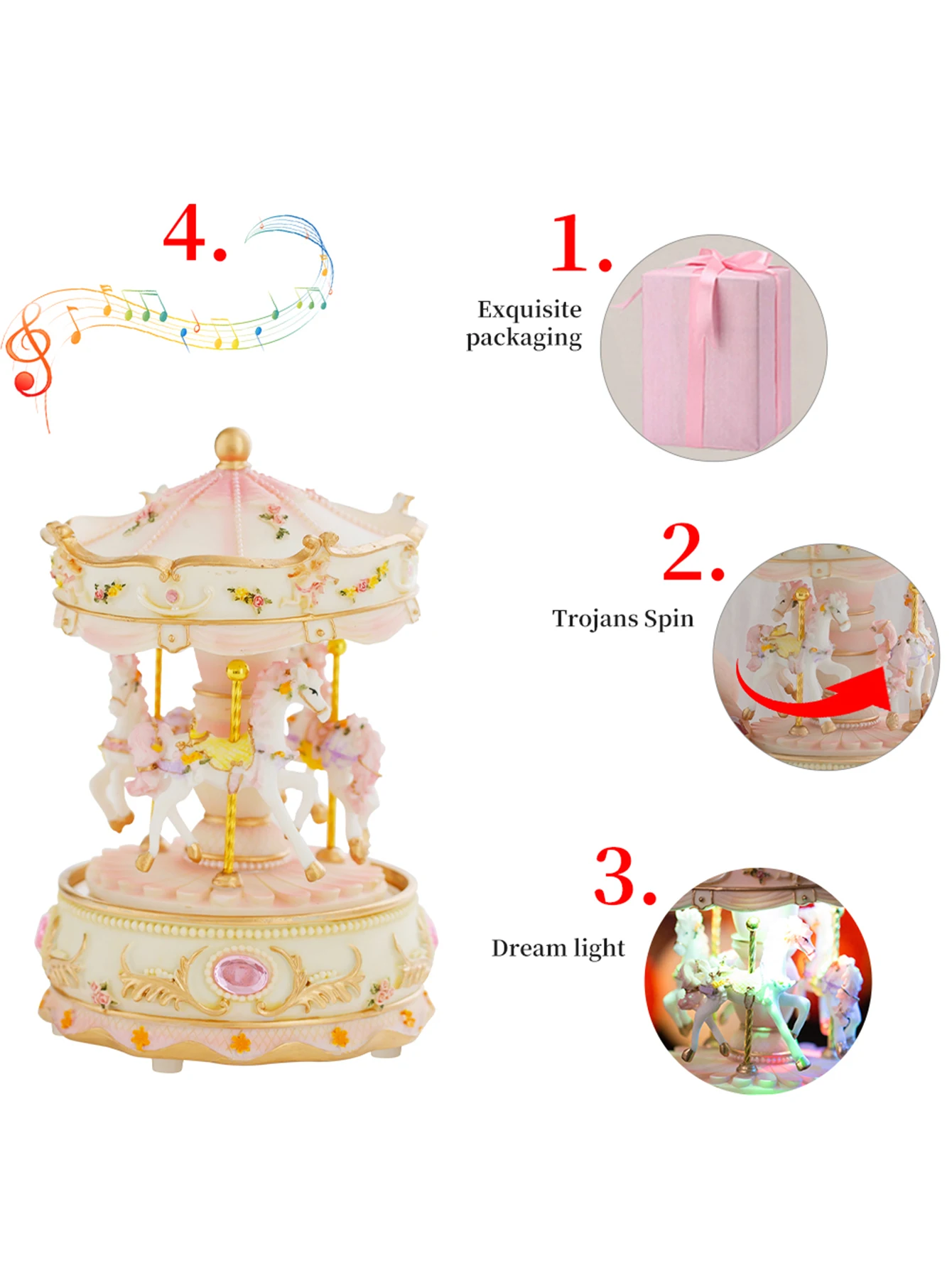 Popular Polyresin Decoration Merry-go-round Pink Birthday Christmas Gift Music Box
