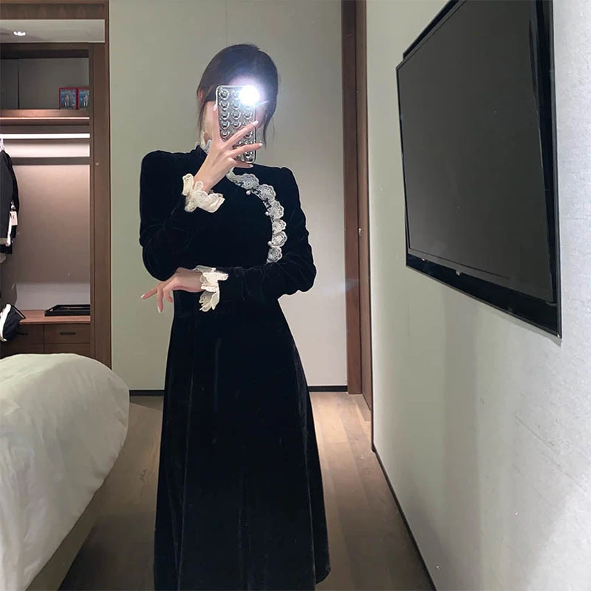 New chinese traditional style cheongsam long winter black color dress qipao ladies women girls plus size dress winter factory