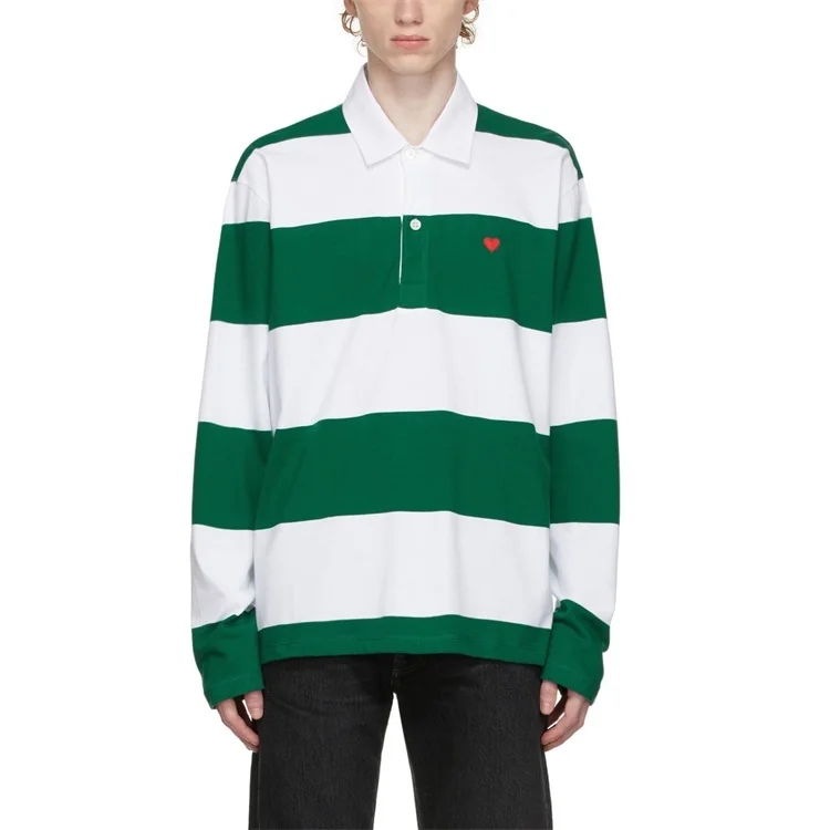 OEM custom embroidered logo cotton twill spread collar jersey striped polo shirt for men