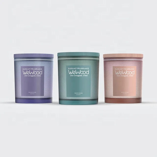 Purple Empty Scented Matte Candle Container Colored Frosted Wooden Lid Glass