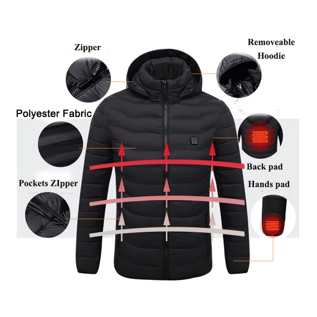 Winter Waterproof USB Rechargeable Smart Electric Heated Clothes Hoodie Coat Heated Jacket For Men Down Jacket