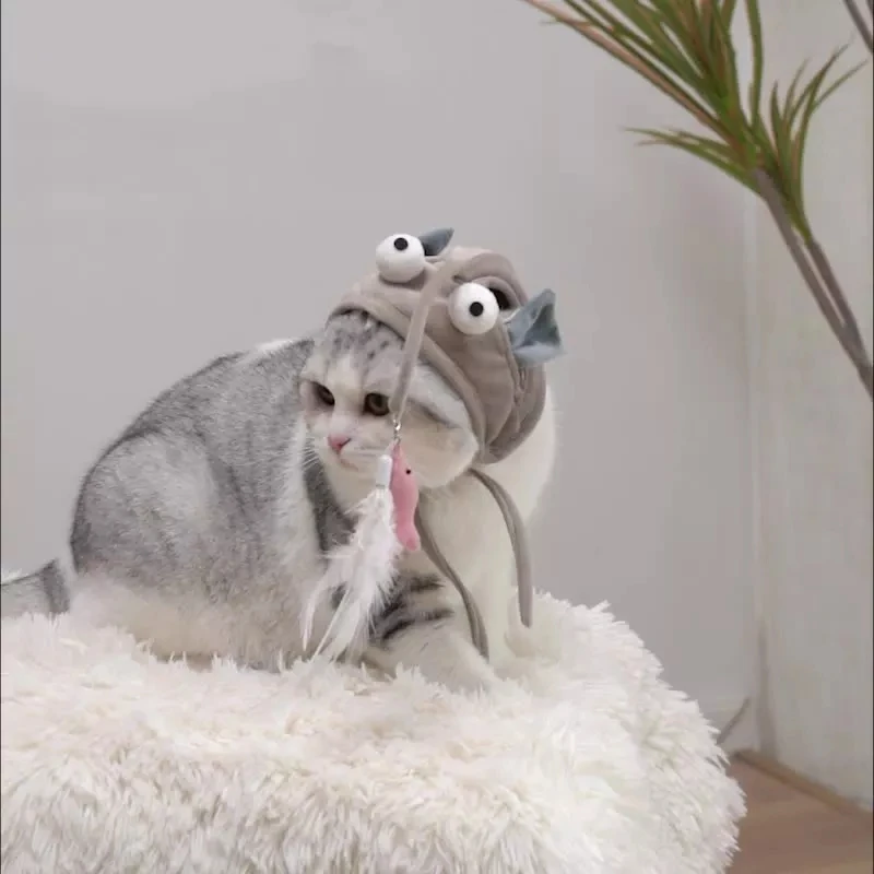 New Headgear Feather Cat Stick Little Dinosaur Funny Toy Stick Gray Big Eye Fish Funny Cat Teaser Stick Cats Toys