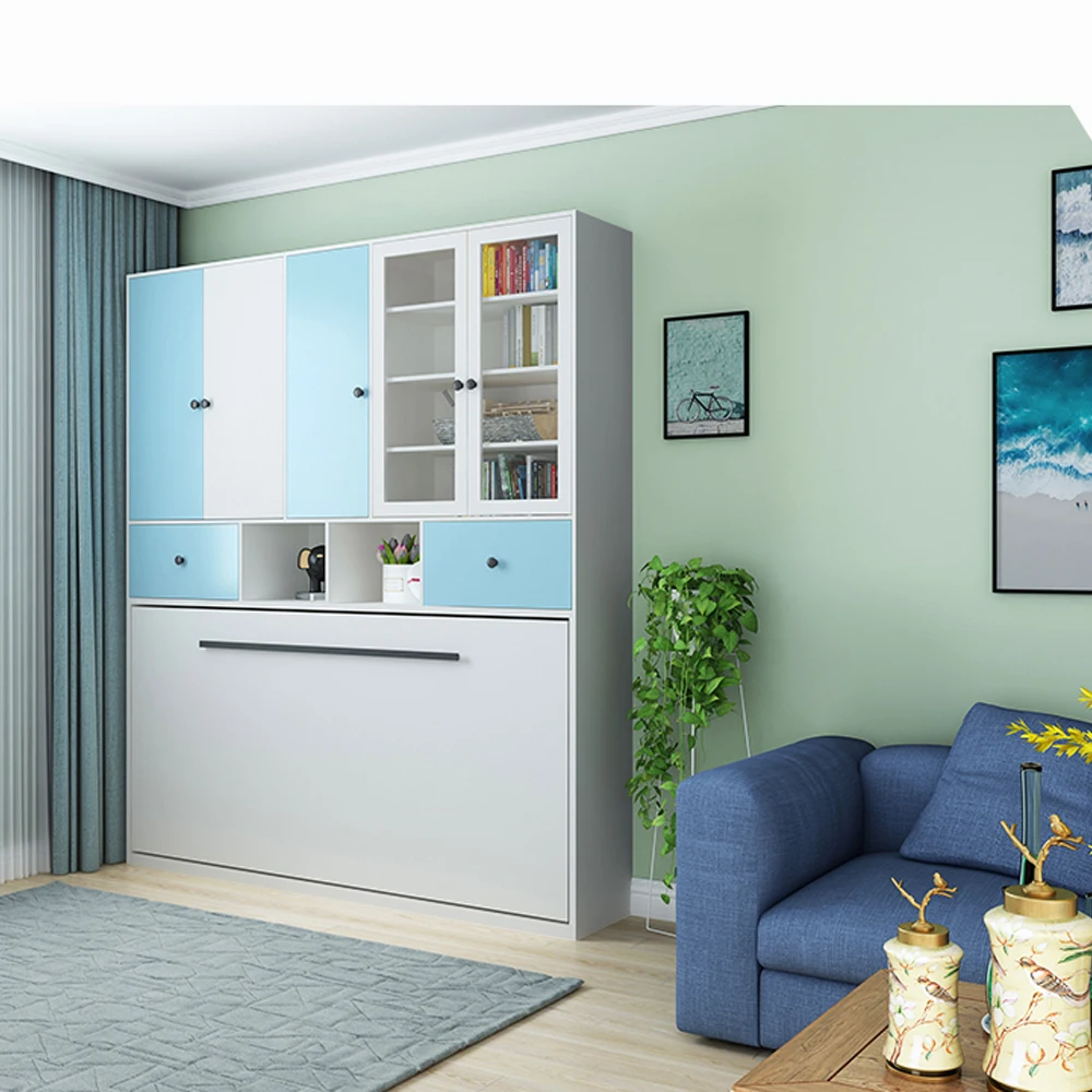 Custom made smart functional bedroom furniture wall mounted folding hardware kit Murphy bed with book cabinet