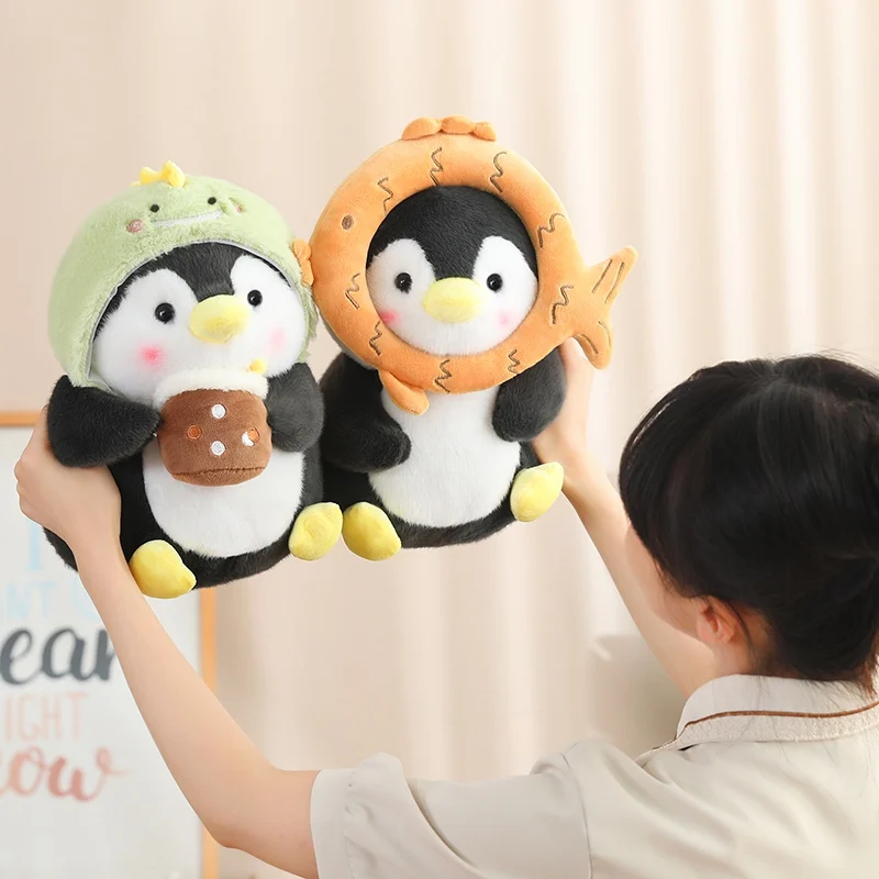 Cosplay Toast Penguin Stuffed Animal Wearing Unicorn Hat Bunny Hat Penguin Plush Toys Holding Boba Customized Pattern Brand Logo