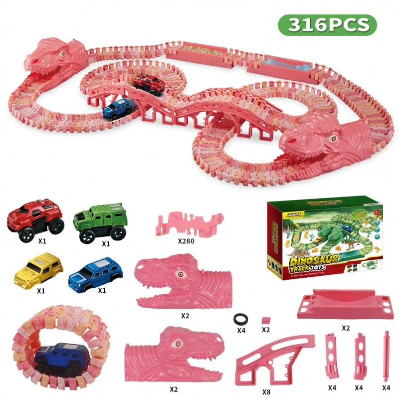 Wholesale Puzzle Dinosaur World 3 Tracks Car Assemble 160 Pieces Kids DIY Toy Set Girls Pink Kit Boys Green Kit Track