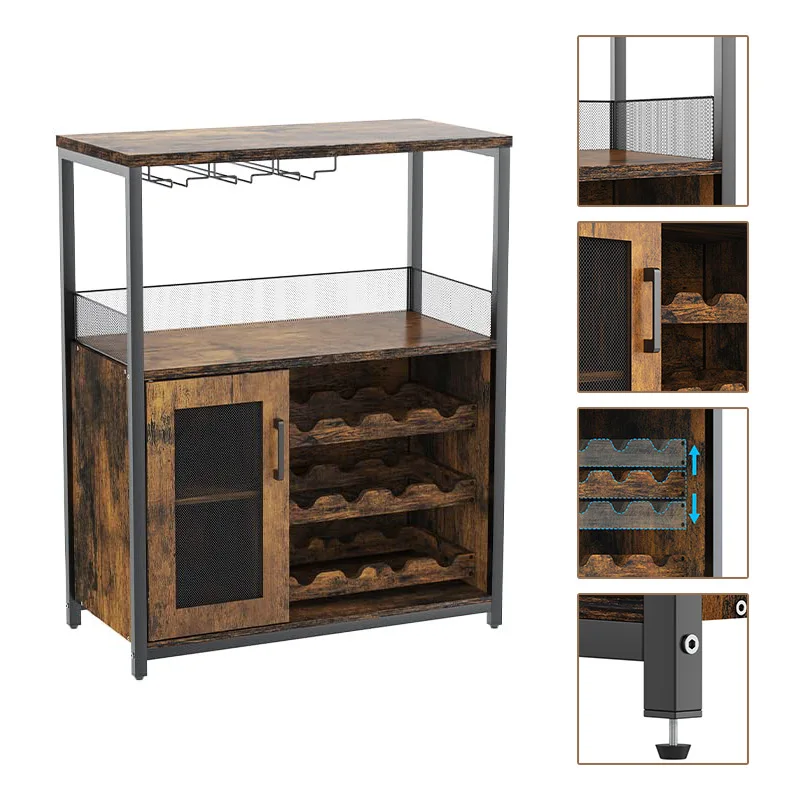 Wine Bar Rack Cabinet with Detachable Wine Rack, Coffee Bar Cabinet with Glass Holder, Small Sideboard  with Mesh Door
