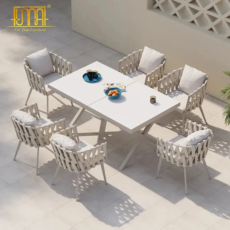 Restaurant 7 Pieces Aluminum Outdoor Dining Table And Chairs Set With Extendable