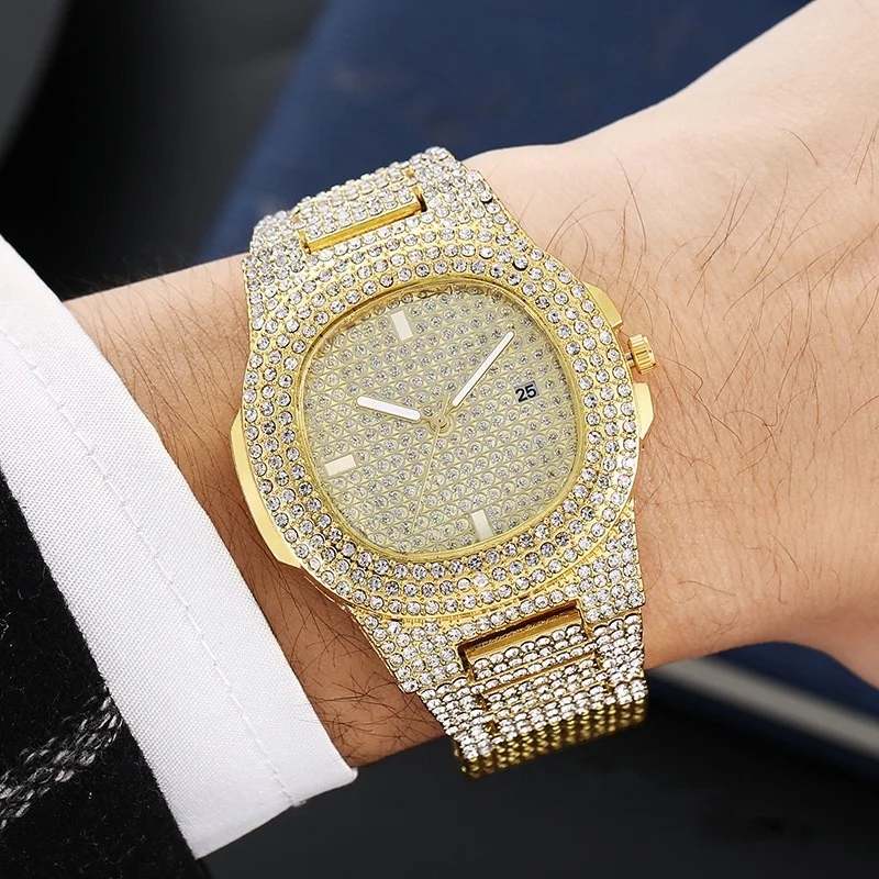 Hip Hop Mens Luxury Watches Design Iced Out Full Diamond Hiphop rapper bling gold dial bust down wristwatch