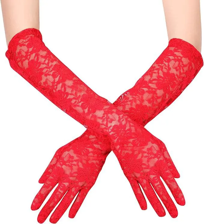 Fashion Lace Long Gloves Female Elegant Stretch Tulle Mesh Semi Sheer Women Full Finger Mittens Bride Wedding Black Gloves