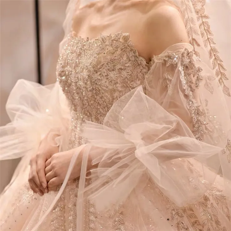 
2020 new applique half puff sleeve off shoulder champagne strapless wedding dress bridal gowns 