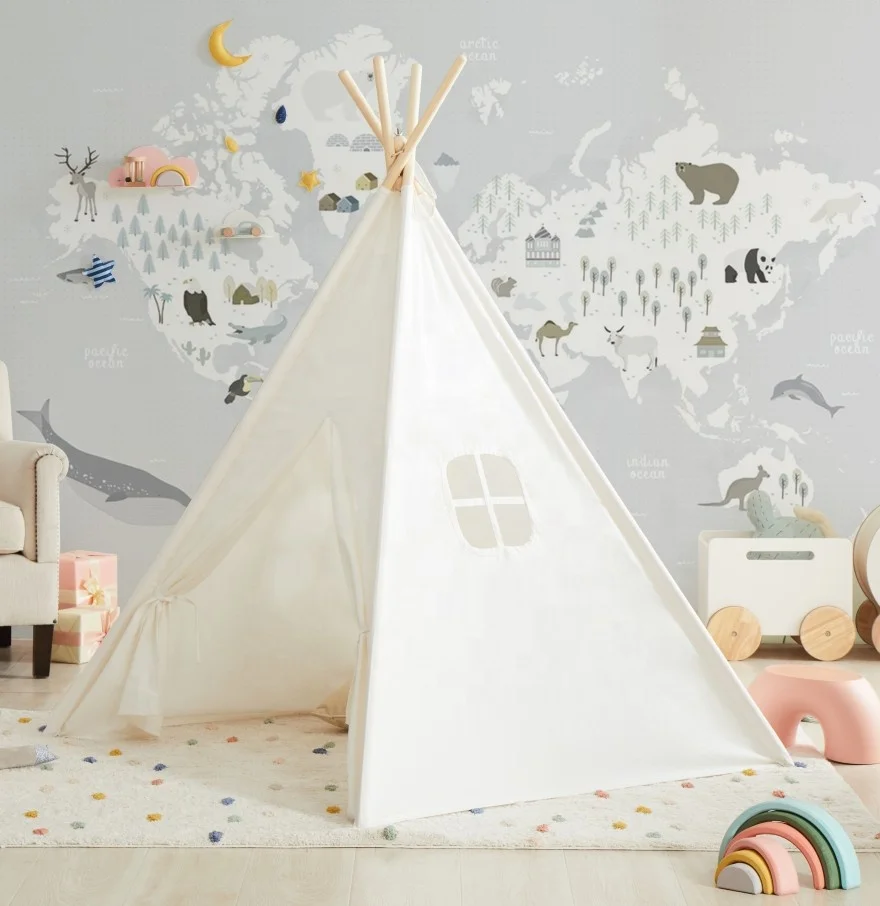 4-Walls Teepee Tent Kids Teepees White with Screen and Window Children Play House Teepee for Kids