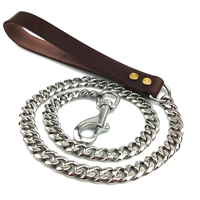 Luxury Stainless Steel Cuban Chain Dog Leash Electroplated Gold Dog Lead No Colour Loss Metal Pet Leash With Leather Handle