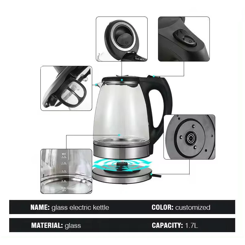 2024 Hot Sale Fashionable New Design 1.7 Liter Cordless Electric Glass Kettle with blue light for Hotel and Household Use