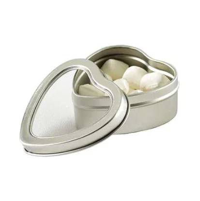 Heart shape candle tins with clear PVC window top lids clear window mint tin heart shape
