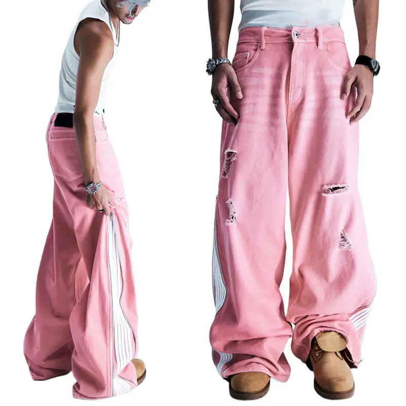 Wholesale Oversized Damaged Ripped Acid Wash Wide Leg Strap Vintage Rhinestone Flared Baggy Stacked Denim Jeans Men