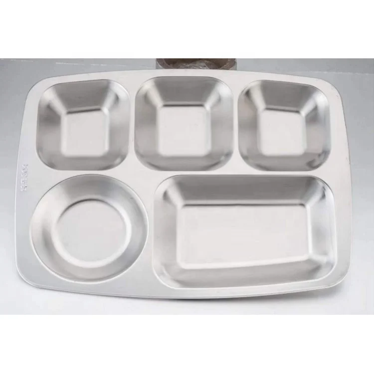 Food Grade High Quality Stainless Steel 5/6 Compartment School Lunch Tray Dinner Plate Fast Food Serving Tray