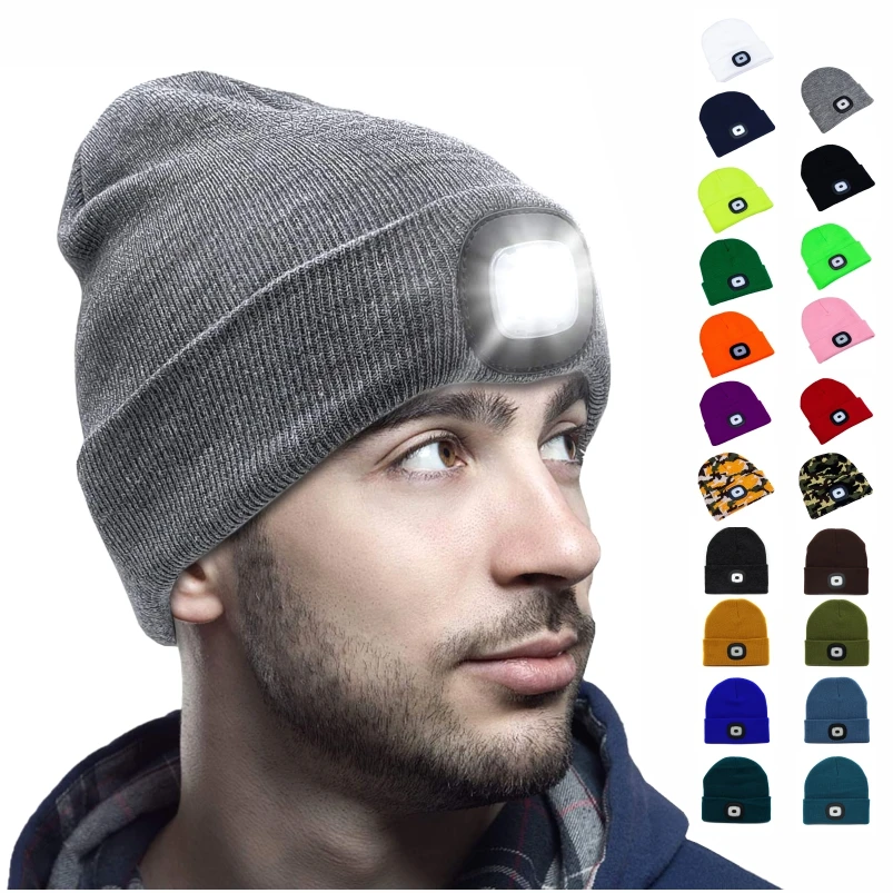 LED Beanie Hat with Light,Unisex USB Rechargeable Hands Free 4 LED Headlamp Cap Winter hats Knitted Night Lighted Hat Flashlight