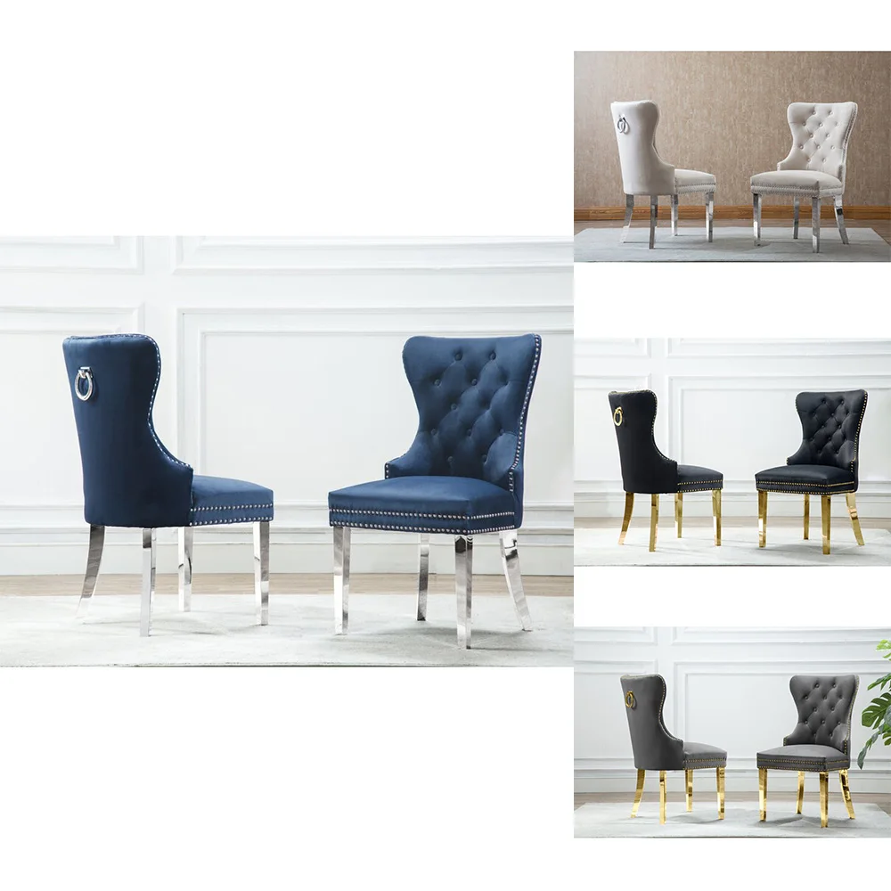 Pinzhi home modern luxury upholstery tufted black grey blue velvet stainless steel legs dining room chairs with lion ring