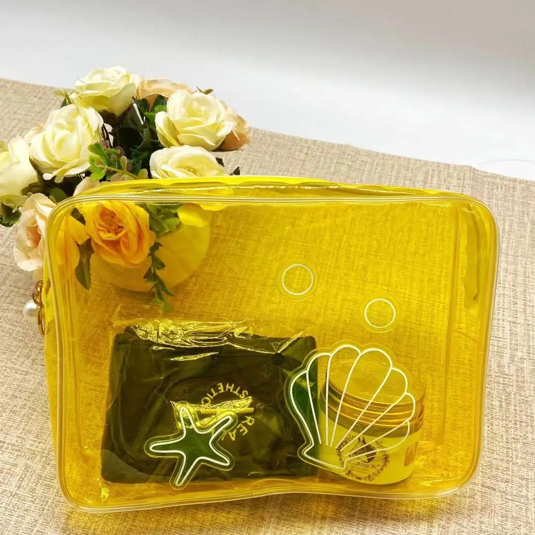 Shell yellow ladies plastic pvc bag Travel Clear Makeup Bag easy carry beauty tool pvc bag