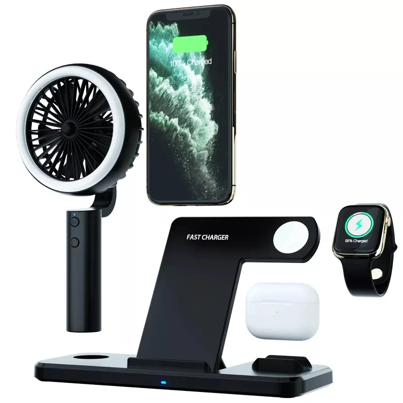 wholesales china alibaba universal qi 5 in 1 wireless watch phone charger with Cool Fan and night light