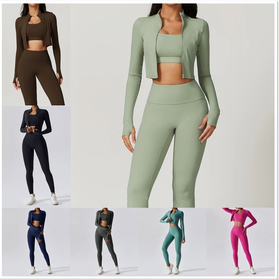 Women 3 Piece Long Sleeve Fitness Sets Sports Apparel Workout Jackets Yoga Coat Leggings Sets