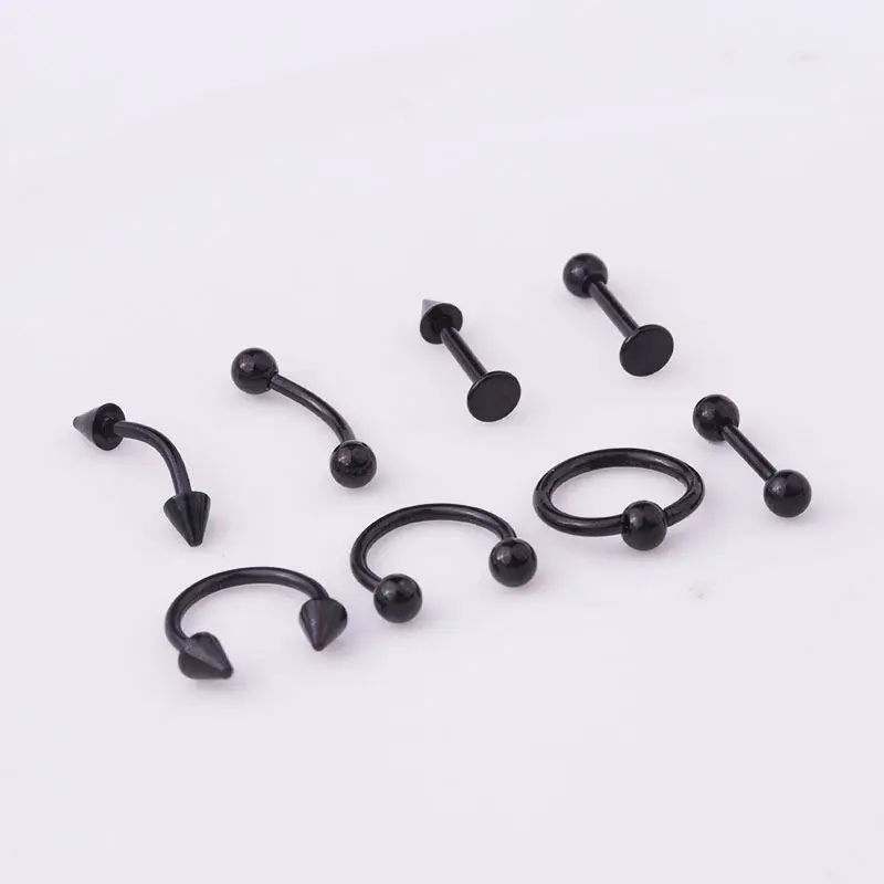 wholesale  black color 8 designs stainless steel spike ball bar curved eyebrow piercing jewelry belly navel daith piercing