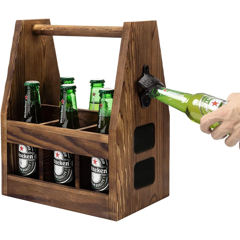 Pine wooden beer or bottle carrier with opener and magnite catcher wood tools