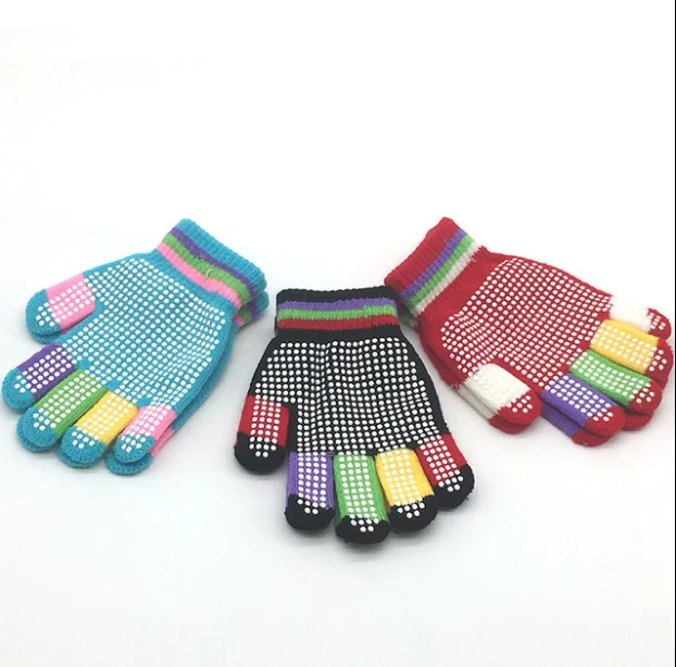 Good quality acrylic knitted doubld pvc dot fashion winter hands magic gloves