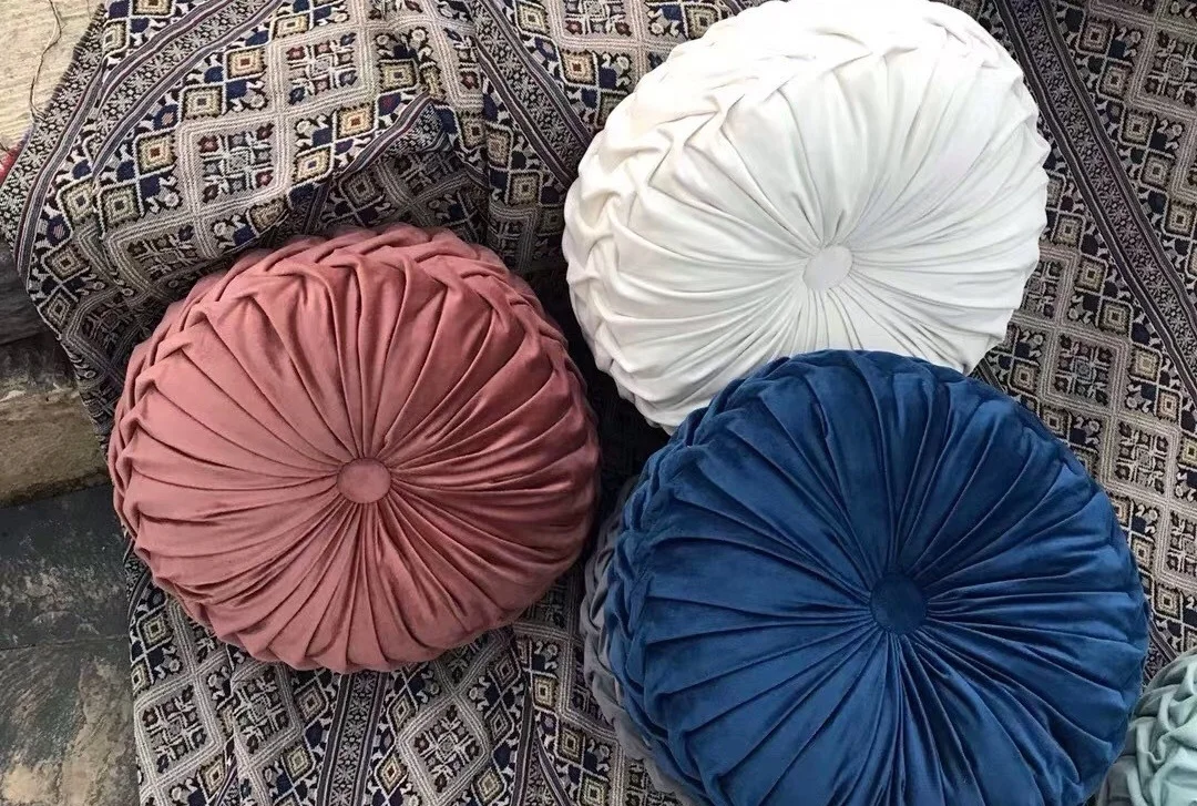 Velvet Chair Cushion Round Throw Pillow Handcrafted Pumpkin Cushion Home Decorative Floor Pillow for Sofa Bed Car Decor, Pink