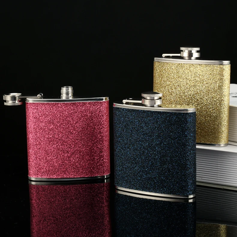 OEM Wedding gifts for guests stainless steel shiny leather hip flask flagon glitter flasks liquor 6oz