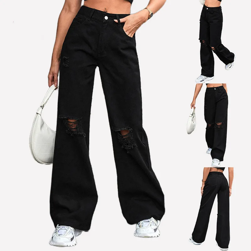 Fashion Casual Ripped Pantalon Femme Female Street Wear Jeans Trouser Women Boyfriend Western Faded Loose Jeans En Gros