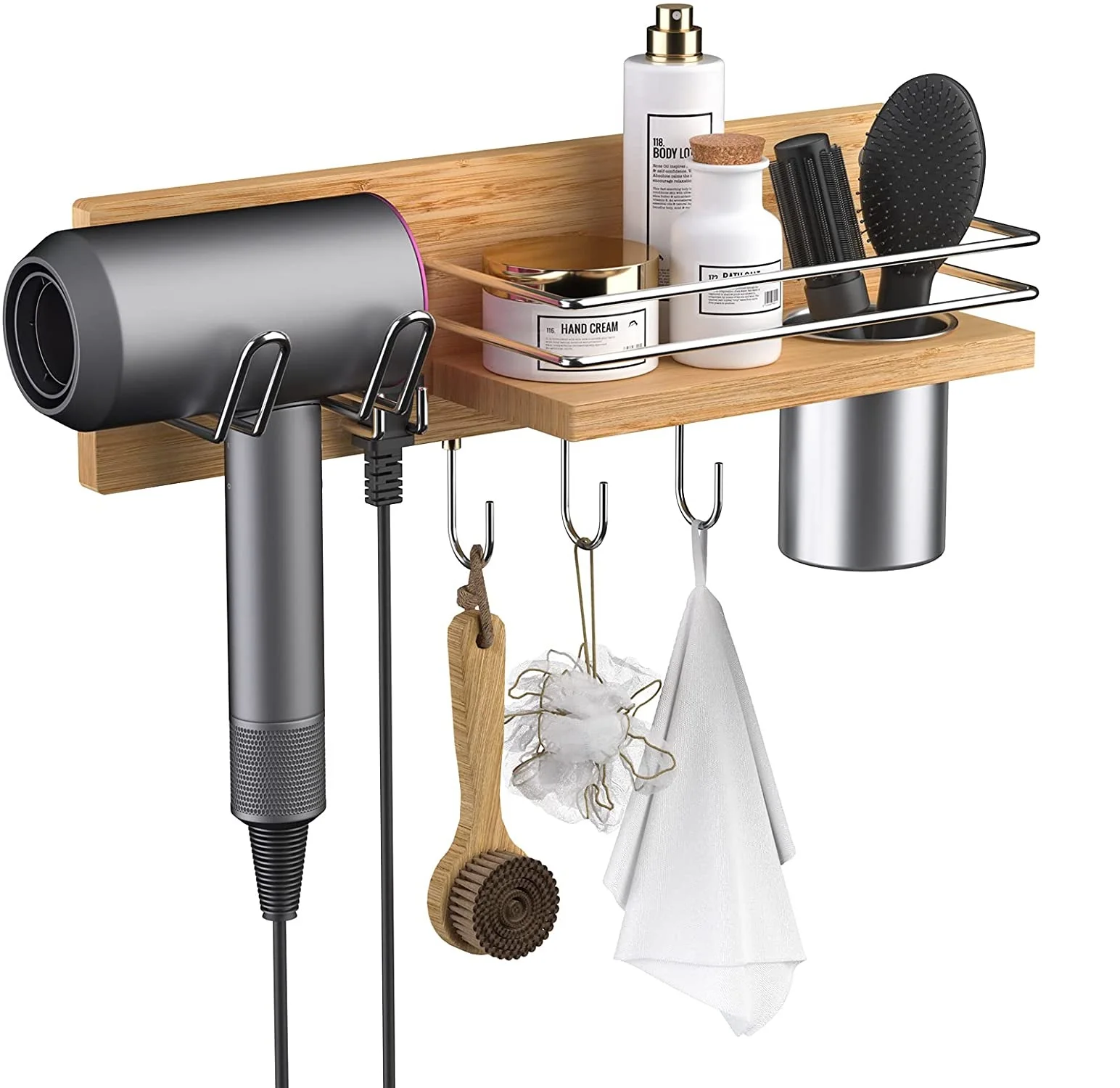 Wholesale Bathroom Wall Mounted Bamboo Hair Dryer Holder Hook Hair Care Styling Tool Organizer Hair Appliance Holder