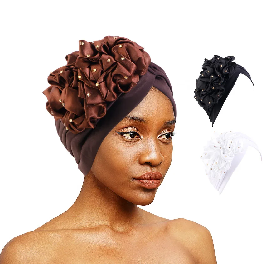 Wholesale Custom Logo Hair Accessories Muslim Big Flower Beaded Turbans Solid Color Ruffle Pre Tied Knotted Turban Cap For Women