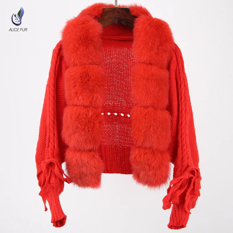 Women Winter Fashion Warm Casual Knit Button Cardigan Coat Women Sweater With Big Real Fox Fur Collar
