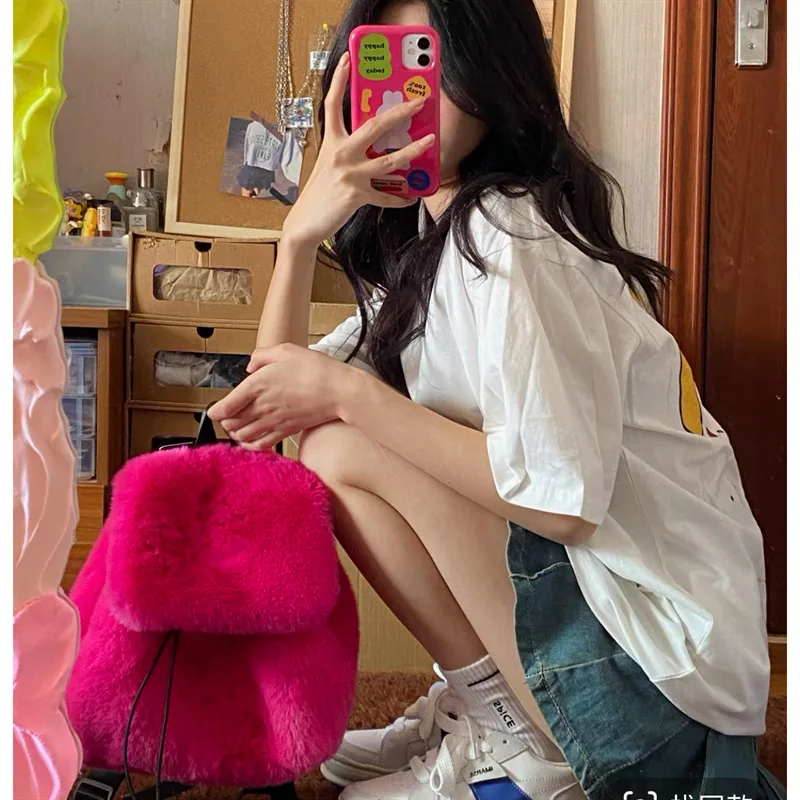 Wholesale  Multi Color Drawstring Backpack Fashion Winter Styling Soft Faux Fur School Girls Backpack Purse Plush Backpacks