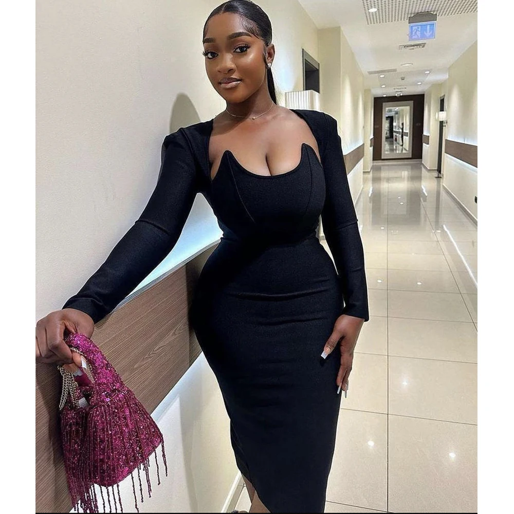 High Quality Ladies Elegant Black Long Sleeve Bandage Bodycon Midi Evening Dress For Women