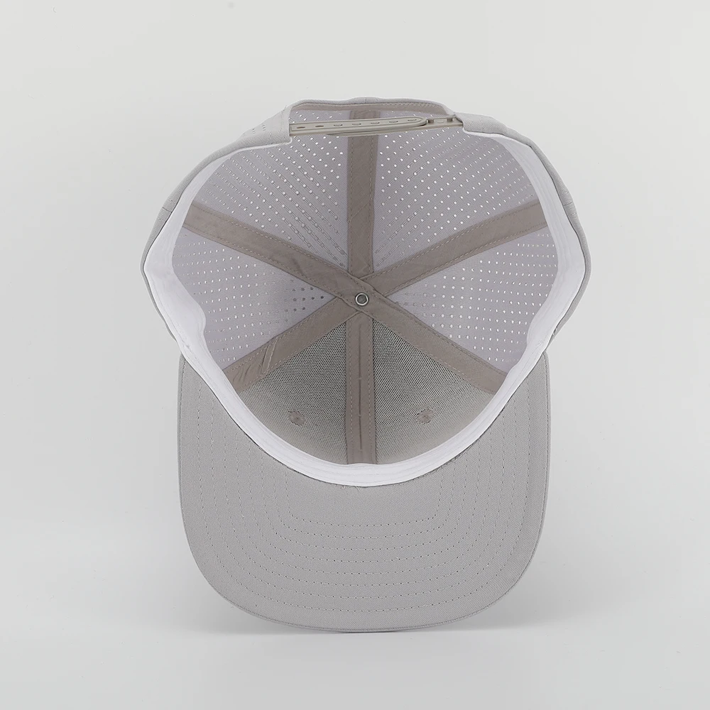 BSCI Custom High Quality 6 Panel Embroidery Logo Hip Hop Snapback Cap,Grey Polyester Flat Brim Laser Cut Hole Perforated Hat