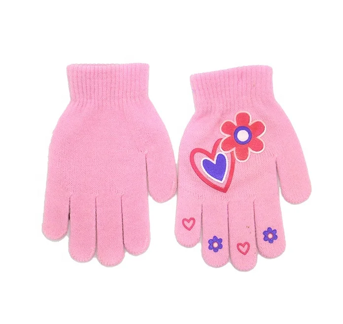 Cheap Winter Kids Applique of Flora with heart Knitted Magic Acrylic Gloves