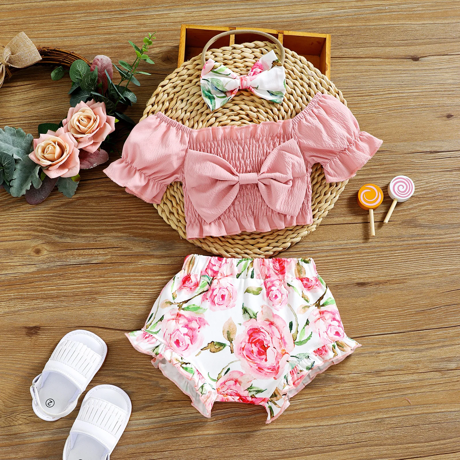 Summer Kids Girl Clothing Set For 3-4 Years Bubble Sleeve Shirts Shorts Sets Letter Printed Knit Puff Sleeve Shirts+Shorts