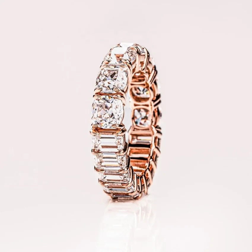 14K Solid Rose Gold Moissanite Wedding Band Ring Emerald Cut Round Cut Moissanite Eternity Ring For Women