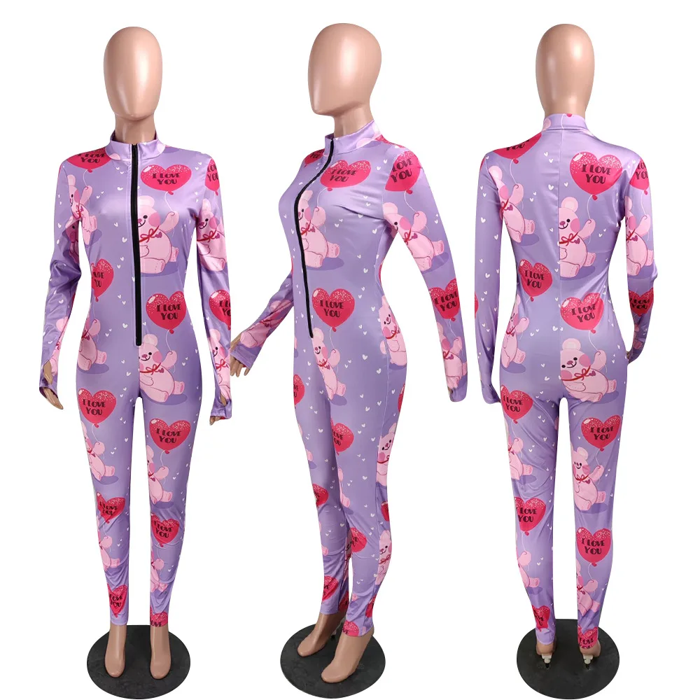 Wholesale Valentine Romper Women Long Sleeve Sexy Zipper Up Bodycon Jumpsuit Pajamas San Valentine Onesie
