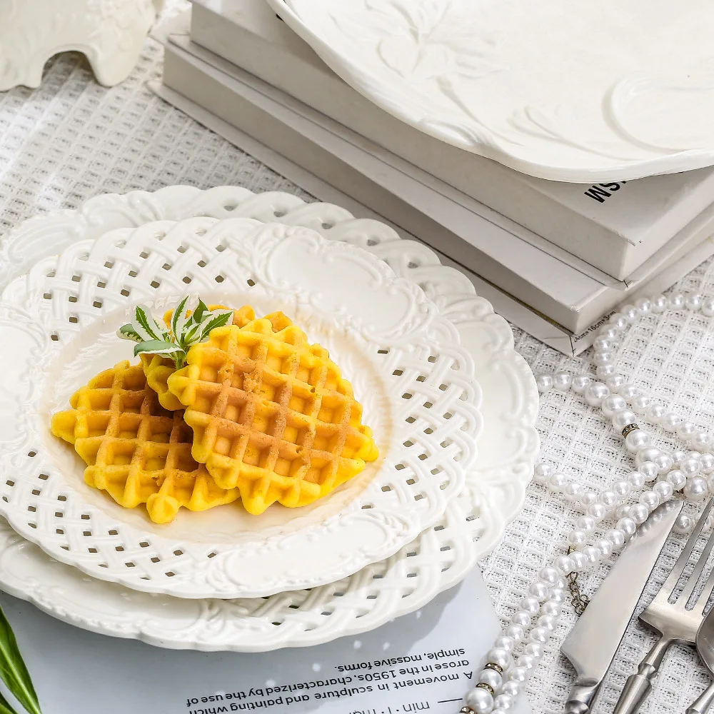 Ceramic retro white steak plate tableware embossed hollow lace plates and dishes