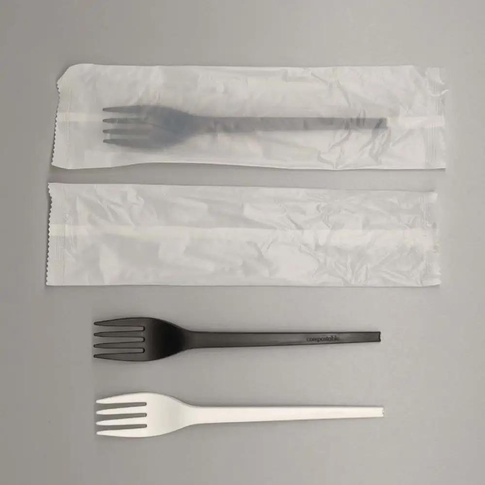 
GreenWorks CPLA compostable disposable utensils flatware biodegradable cutlery 6.5 inch fork Wrapped dinnerware sets 